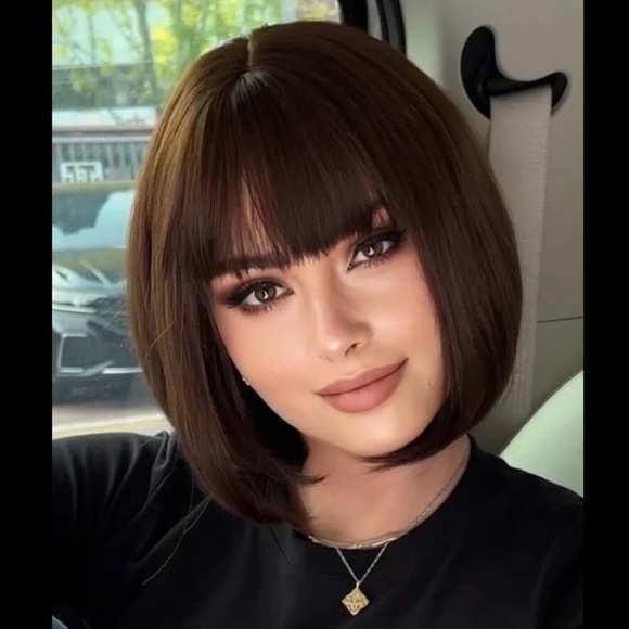 12” Brown Bob Short Straight Middle Parted Synthetic Wig With Bangs - Picture 3 of 4